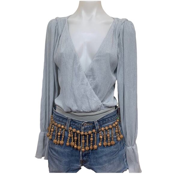 Tularosa Dusty Blue Wrap Top Bodysuit SMALL Pirate Sleeves Pleated Boho $158 NEW - Picture 4 of 7